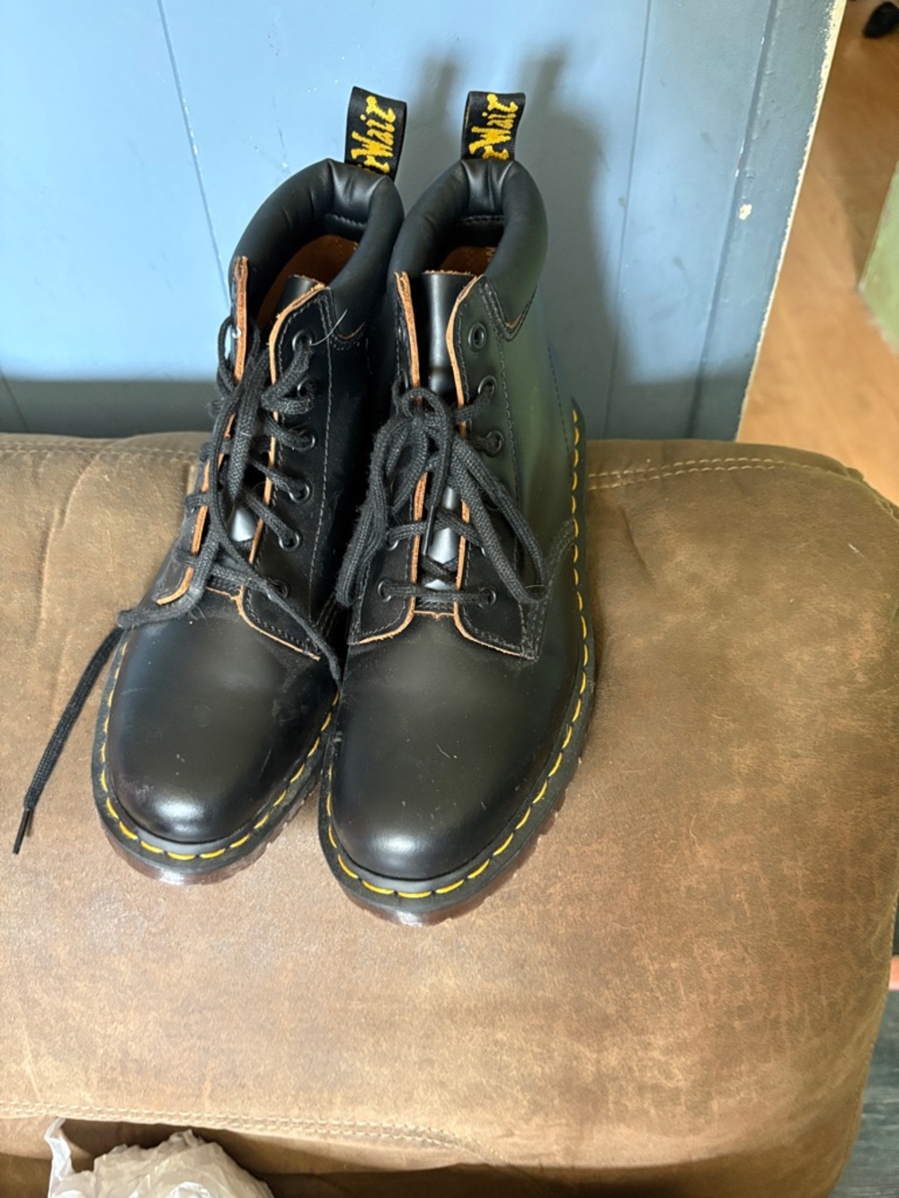 Dr. Martens Black Leather Lace-Up Boots with Yellow Stitching